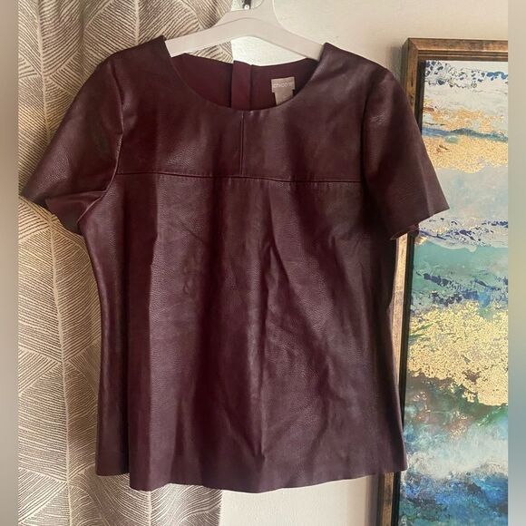 CHICO’S Short Sleeve Faux Leather Top Womens Size 0 Small Burgundy - Picture 1 of 14